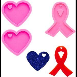 3 PCS Glossy Shiny 2 Heart Shaped and Cancer Ribbon Keychain Silicone Mold with